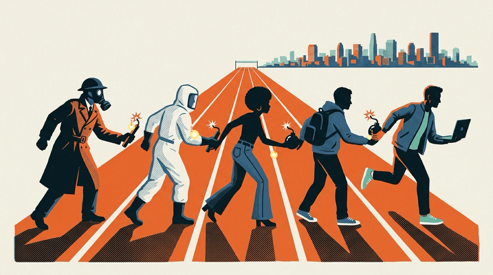Runners from five eras pass a lit bomb down a track whose finish line never gets closer.