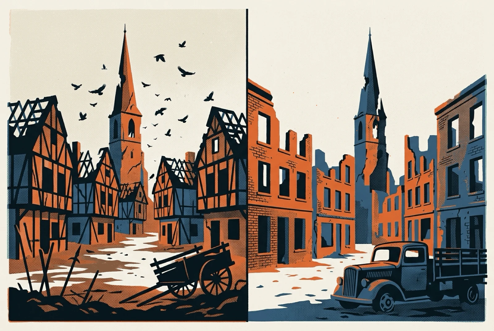 A 1630s village and a 1940s city block, ruined in the same way three centuries apart.