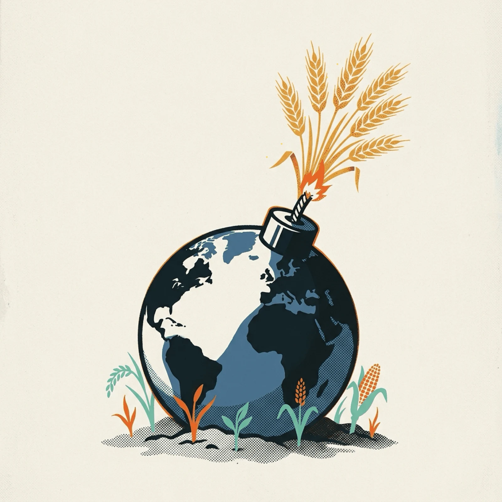 An Earth-shaped bomb whose lit fuse sprouts wheat instead of sparks.