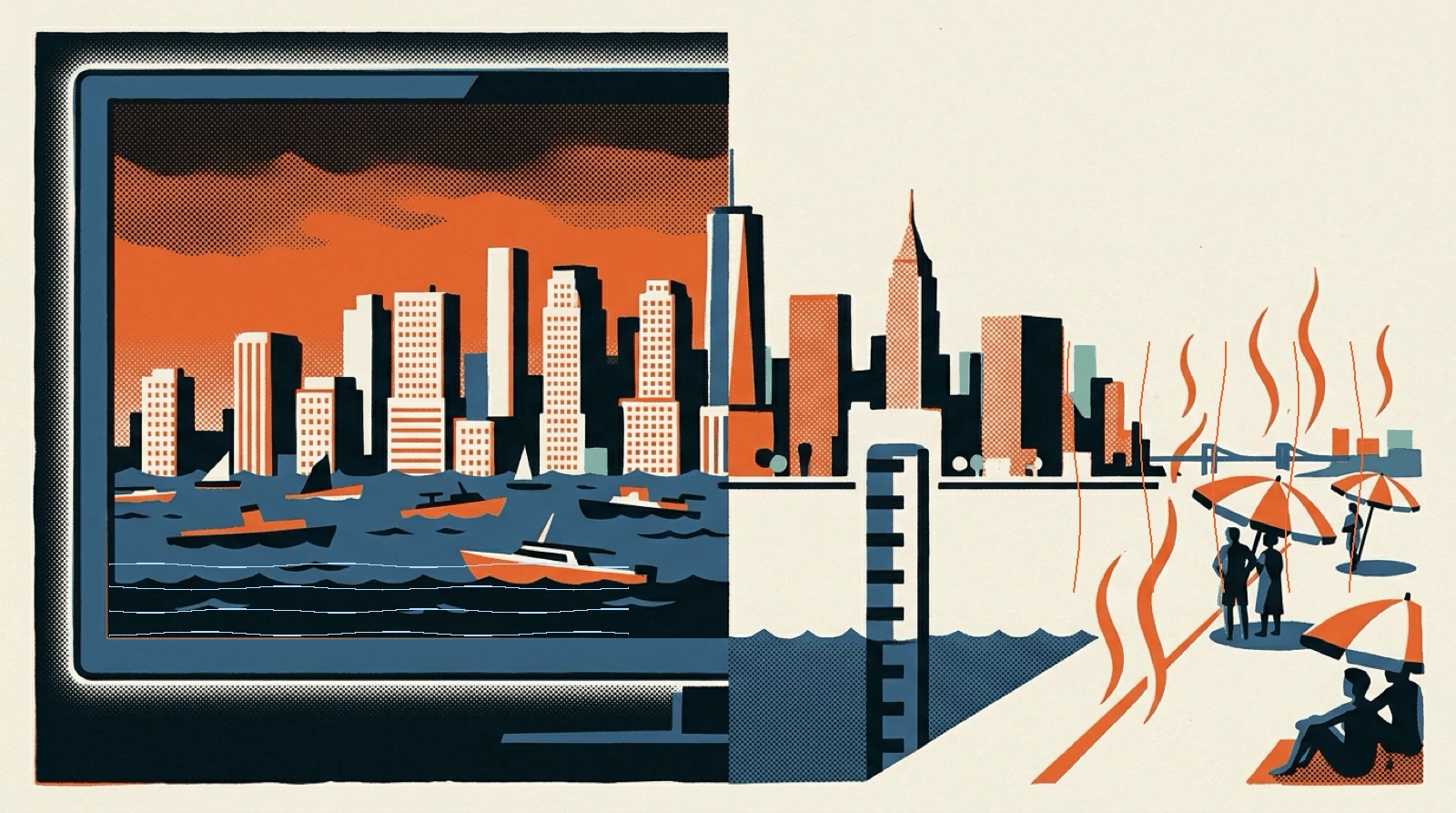 A TV prophecy of a flooded city beside the real waterfront, with water slightly higher on a tide gauge.