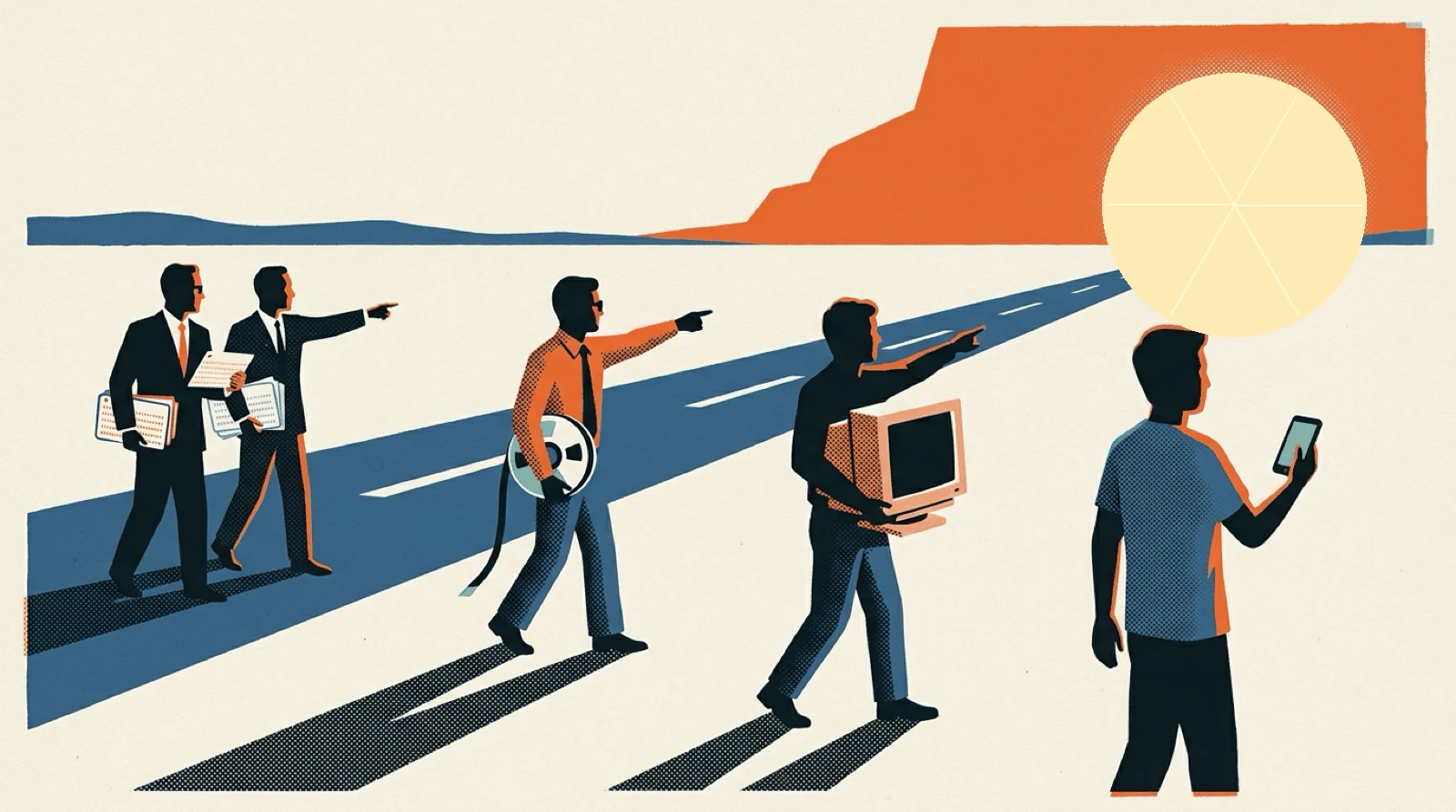 Figures from 1956 to the 2020s walk toward a glowing machine on the horizon that never gets closer.