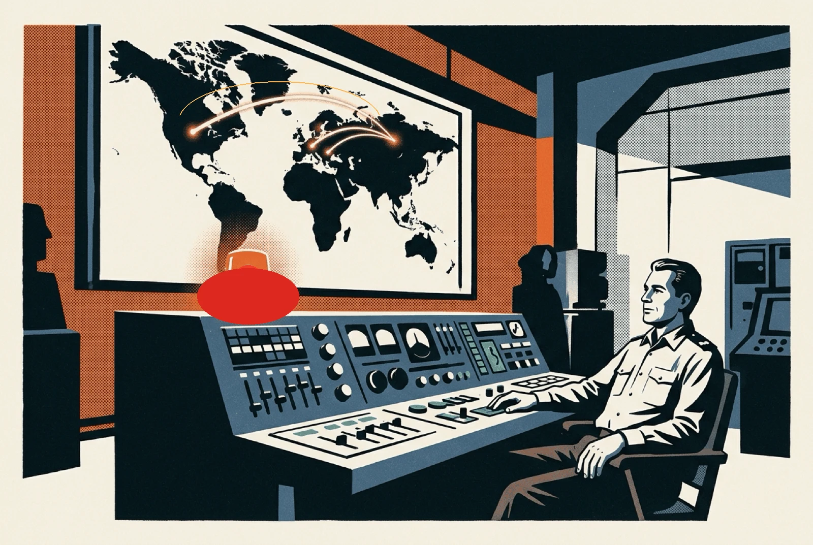 A 1983 duty officer sits back from his console under a red alarm light and chooses not to act.