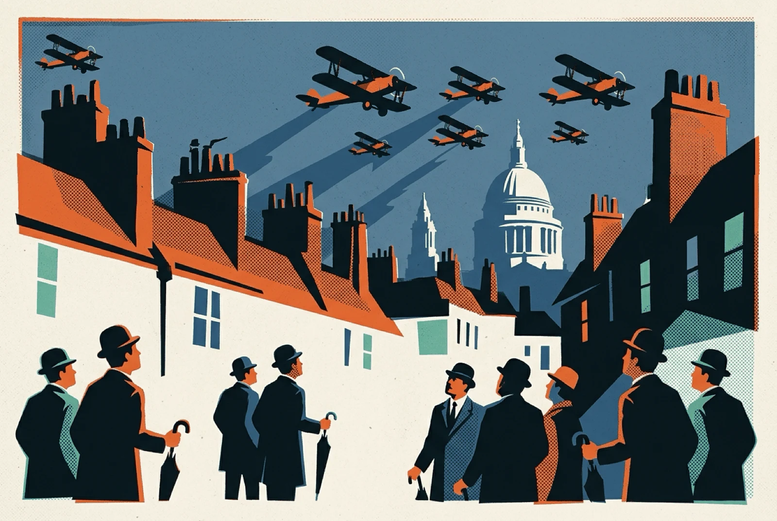 1930s biplane bombers cast shadows over London rooftops as people in bowler hats look up.