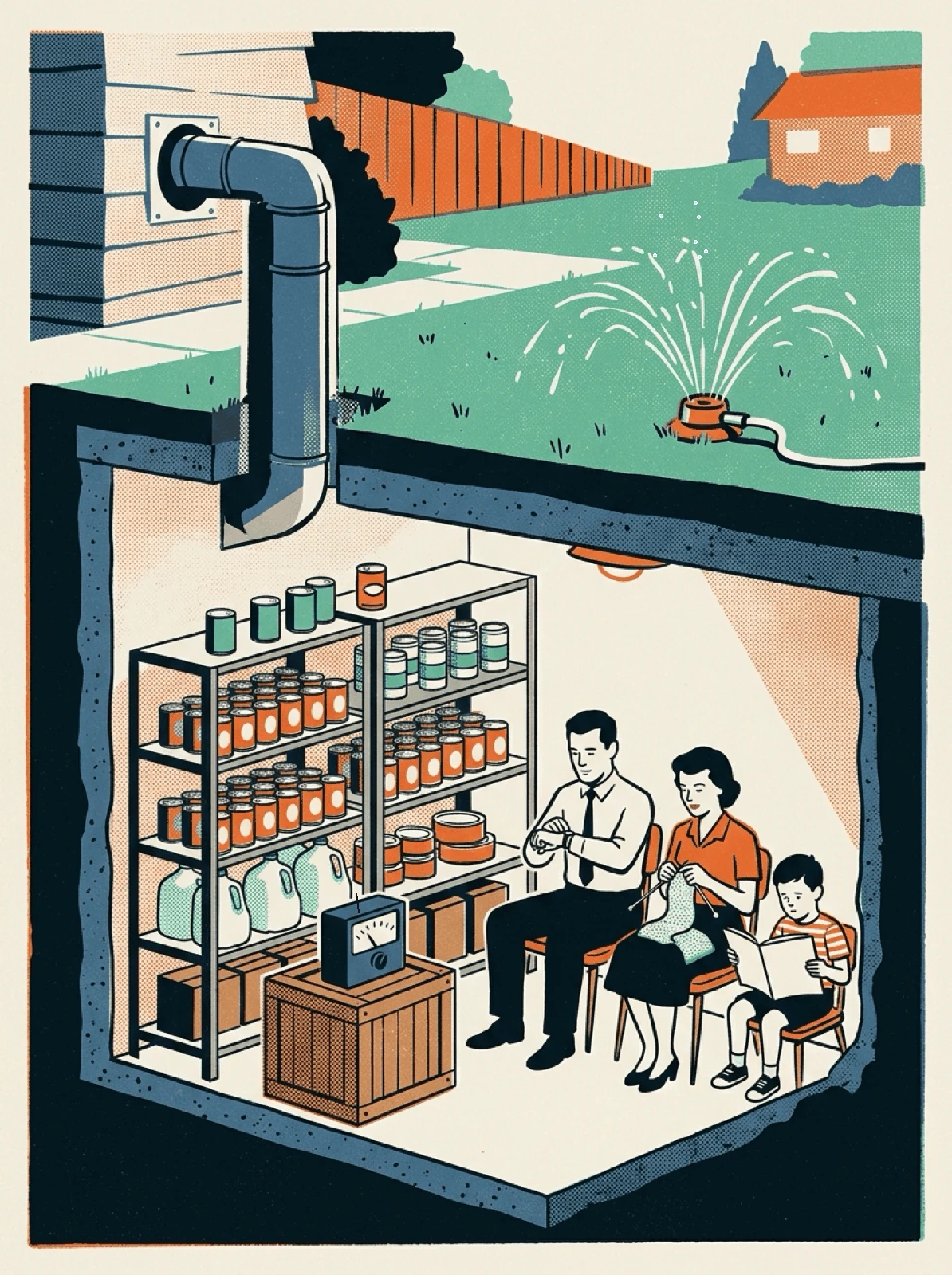 A 1950s family waits in a basement fallout shelter while the lawn above is sunny.