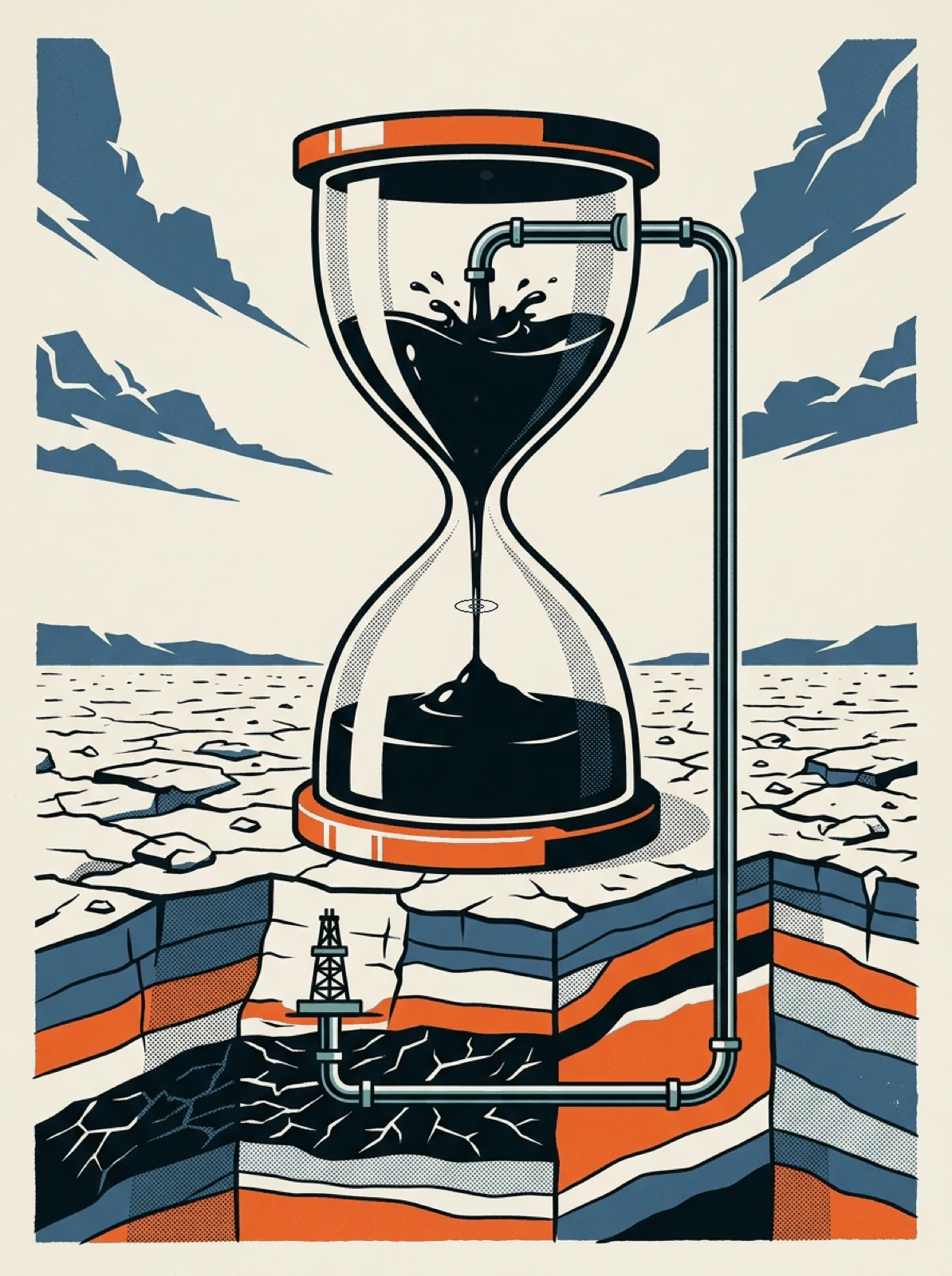 An hourglass of oil that is refilled from below by a drill in the shale.