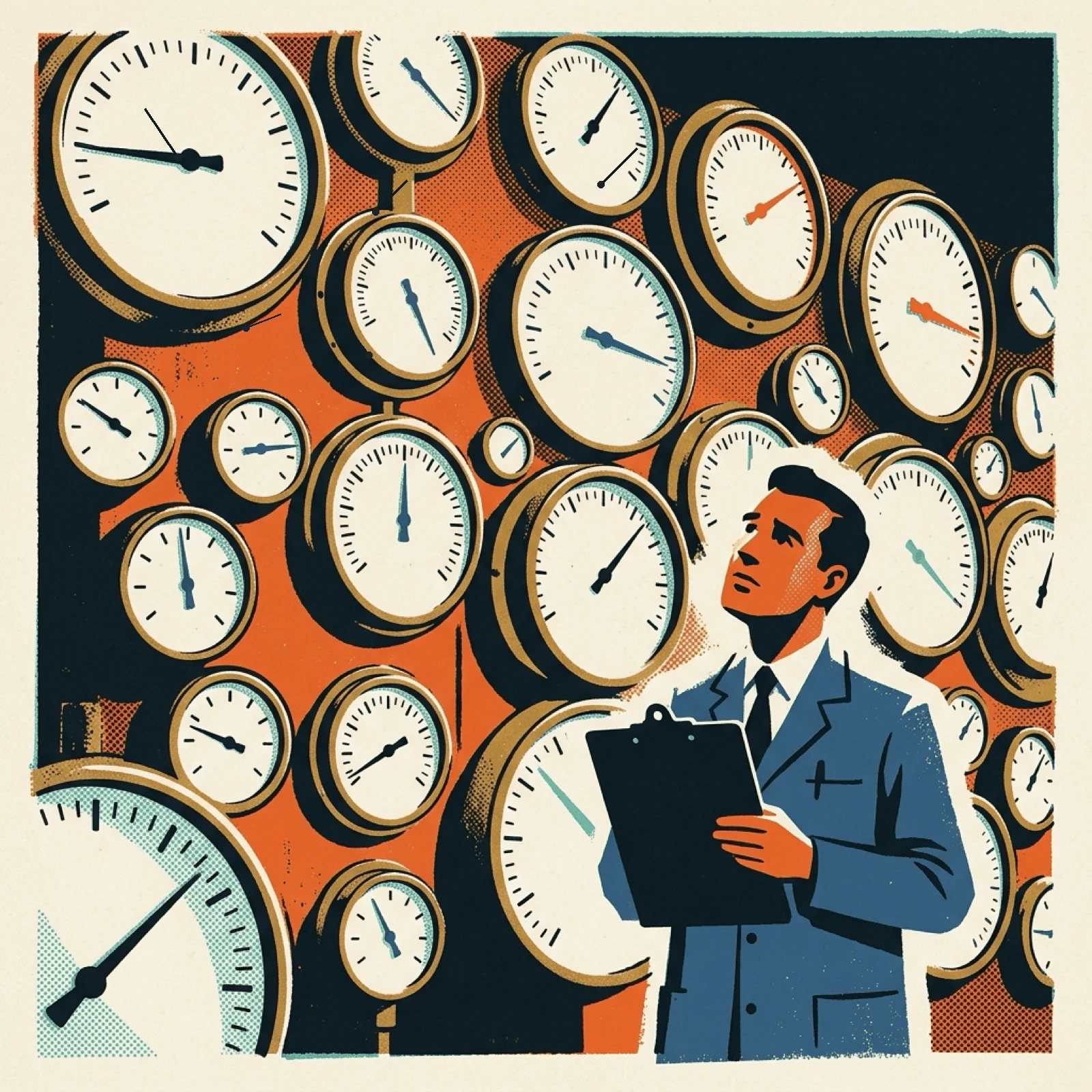 A wall of gauges whose needles all point to different values, watched by a puzzled person with a clipboard.